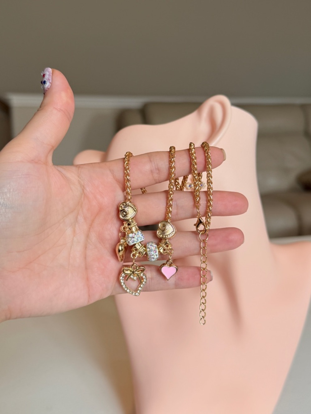 Gold-Tone Heart Charm Necklace with Pink Accent Beads - Picture 8 of 8